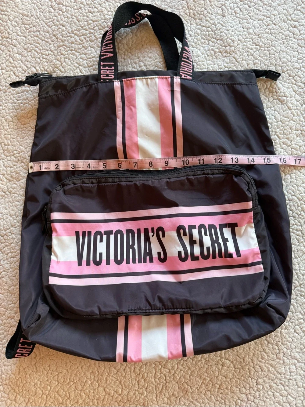 Victoria’s Secret 2019 Black Pink Stripe Logo Backpack Travel Bag